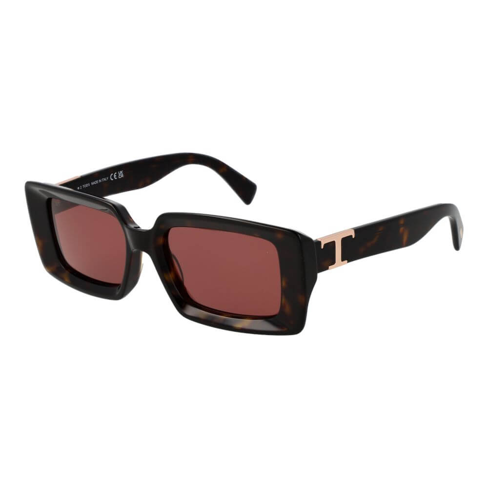 Tod's Brown Acetate Sunglasses for women with full-rim rectangular frame, rose plastic lenses, size 52-18-140, UVA & UVB protection.