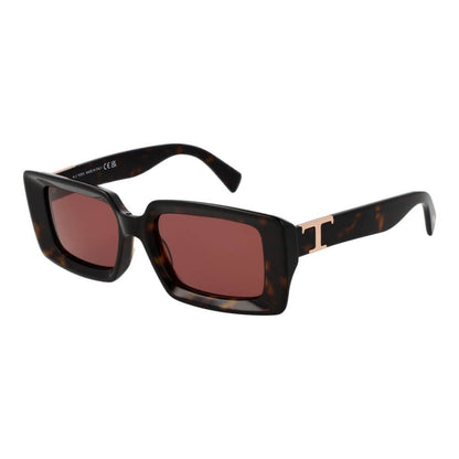 Tod's Brown Acetate Sunglasses for women with full-rim rectangular frame, rose plastic lenses, size 52-18-140, UVA & UVB protection.