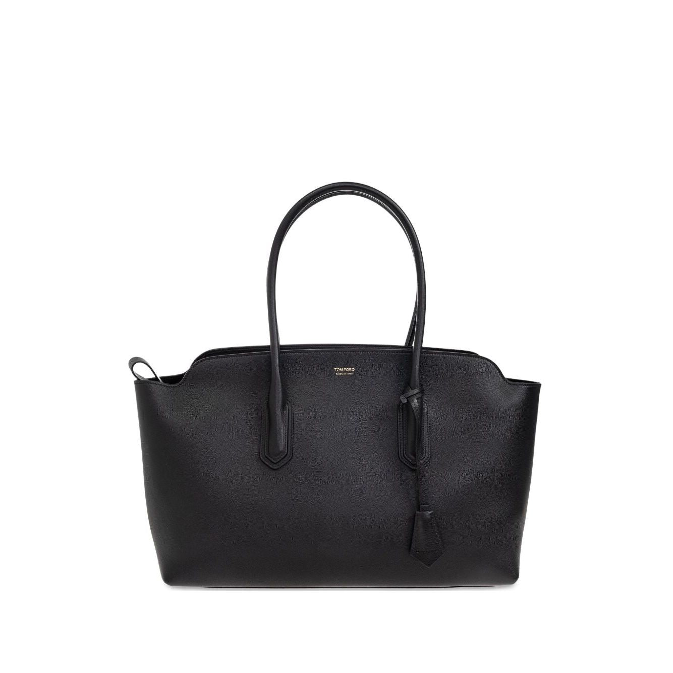 Tom Ford Structured Tote Bag in black with smooth finish, dual top handles, and logo plaque; elongated shape for versatile use.