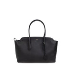 Tom Ford Structured Tote Bag in black with smooth finish, dual top handles, and logo plaque; elongated shape for versatile use.