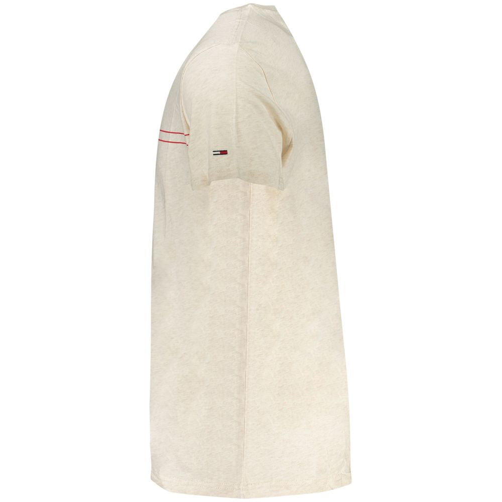 Side view of Tommy Hilfiger Beige Cotton Men T-Shirt with short sleeves and iconic logo