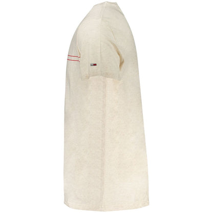 Side view of Tommy Hilfiger Beige Cotton Men T-Shirt with short sleeves and iconic logo