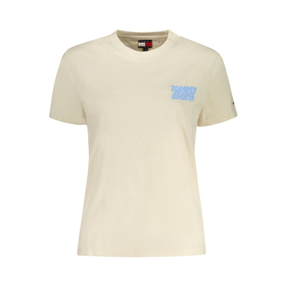 Tommy Hilfiger Beige Cotton Women T-Shirt with crew neck and vibrant print, featuring the iconic logo and crafted from regenerative cotton.