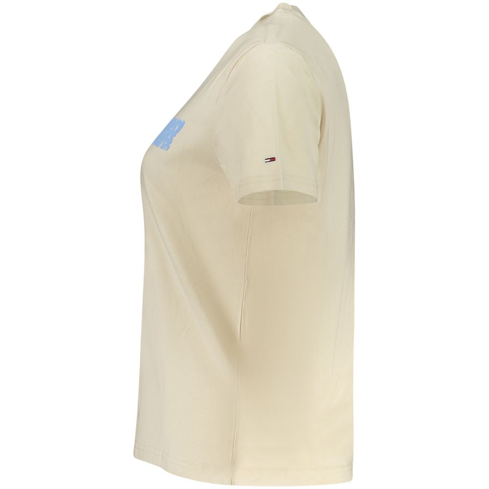 Side view of Tommy Hilfiger Beige Cotton Women T-Shirt with logo detail.