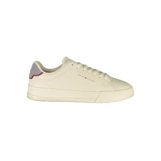 Tommy Hilfiger Beige Leather Men Sneaker with grey accents, showcasing a sporty design and removable footbed.