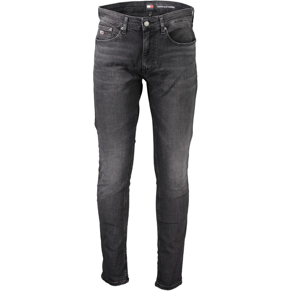 Tommy Hilfiger Black Cotton Slim Men Jeans with sustainable design, featuring five-pocket style and signature logo for modern flair