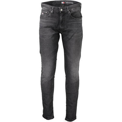 Tommy Hilfiger Black Cotton Slim Men Jeans with sustainable design, featuring five-pocket style and signature logo for modern flair