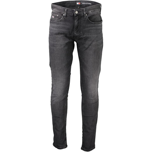Tommy Hilfiger Black Cotton Slim Men Jeans with sustainable design, featuring five-pocket style and signature logo for modern flair