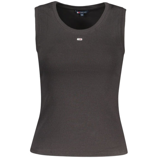 Tommy Hilfiger Black Cotton Tank Top with wide neckline and embroidered logo, made from 95% regenerative cotton.