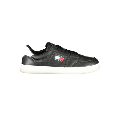 Tommy Hilfiger Black Leather Men Sneaker with white sole and logo