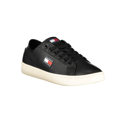 Tommy Hilfiger Black Leather Women's Sneaker with iconic logo, featuring sleek design and comfortable footbed.