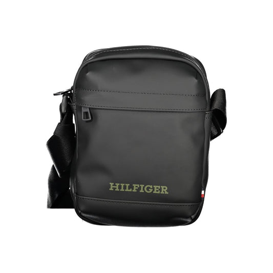Tommy Hilfiger Black Polyethylene Shoulder Bag with adjustable strap, external and internal pockets, zip closure, and logo print.