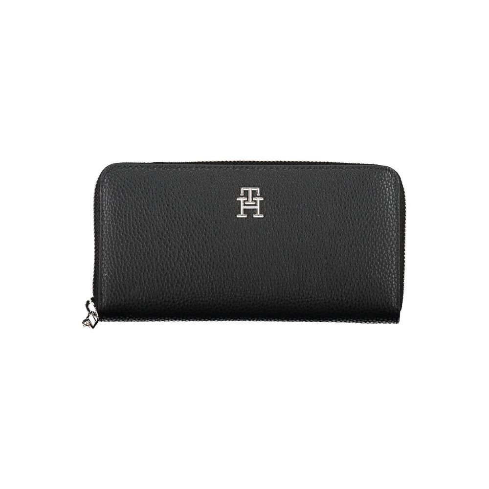 Tommy Hilfiger Black Polyethylene Women Wallet with zip closure and coin purse, featuring sleek and sophisticated design.