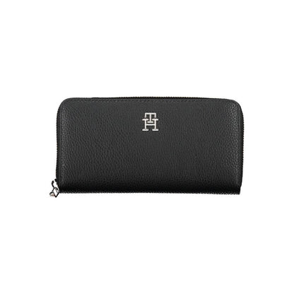 Tommy Hilfiger Black Polyethylene Women Wallet with zip closure and coin purse, featuring sleek and sophisticated design.