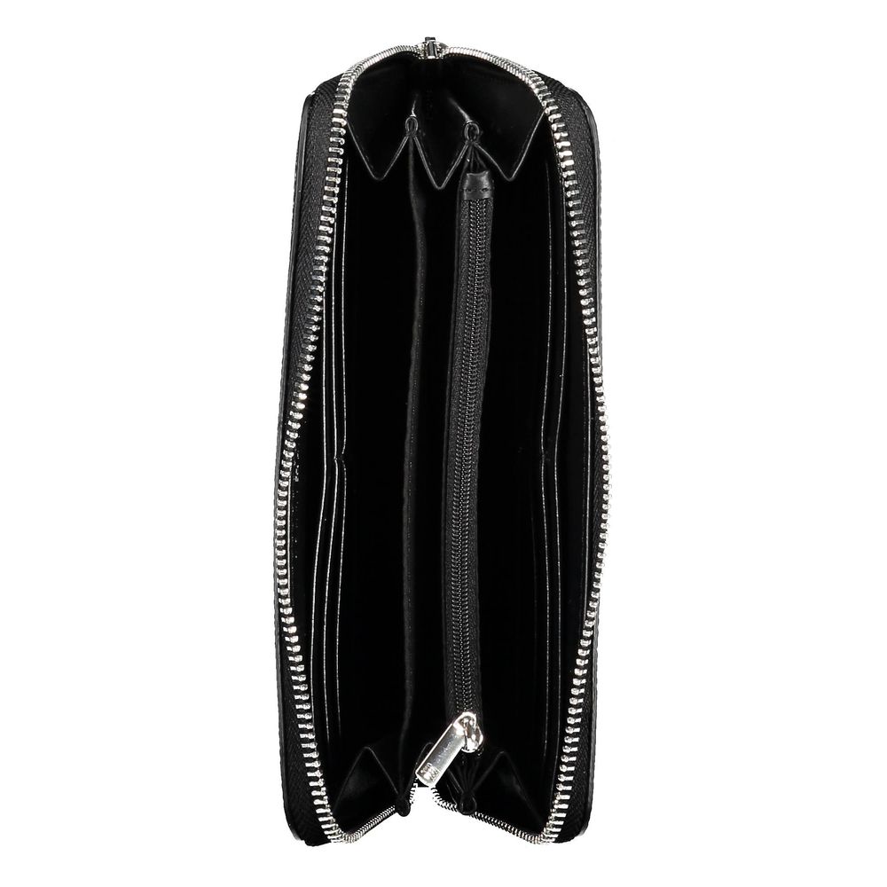 Interior view of Tommy Hilfiger Black Polyethylene Women Wallet with zip closure and multiple compartments for cards and coins.