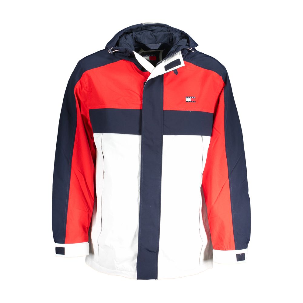 Tommy Hilfiger Blue Polyamide Men Jacket with hood and contrasting red and white panels featuring iconic logo, sustainable outerwear.