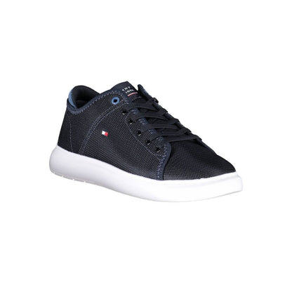 Tommy Hilfiger Blue Recycled Polyester Men Sneaker with lace-up design and white sole, showcasing sustainable fashion.