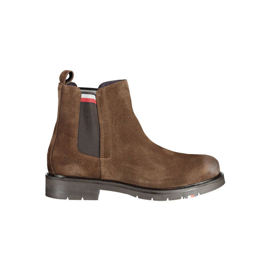 Tommy Hilfiger Brown Leather Men Boot with side elastic and iconic logo, showcasing sleek sophistication and modern design.