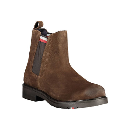 Tommy Hilfiger Brown Leather Men Boot with side elastic and iconic logo, showcasing sleek sophistication and timeless style.