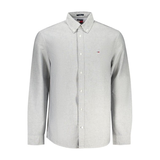Tommy Hilfiger Gray Cotton Men Shirt with button-down collar and embroidery logo, featuring eco-friendly regenerative cotton.