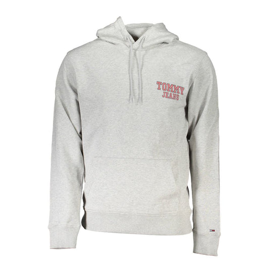 Tommy Hilfiger Gray Cotton Men Sweater with hood and logo print, showcasing transitional cotton fabric and central pocket.