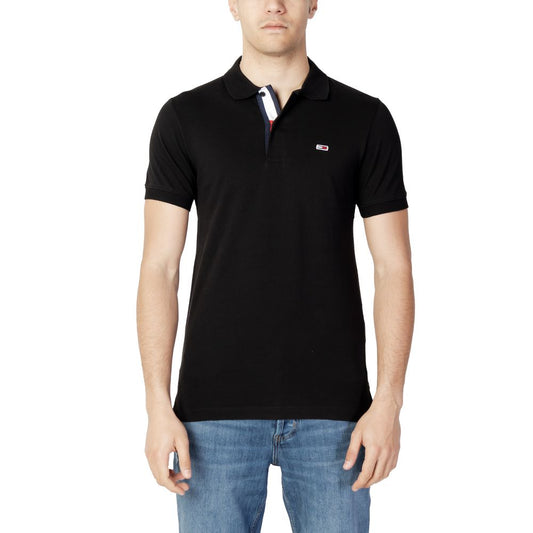 Tommy Hilfiger Jeans Black Cotton Polo Shirt for men, slim-fit with classic collar, ideal for a stylish, comfortable look in warmer seasons.