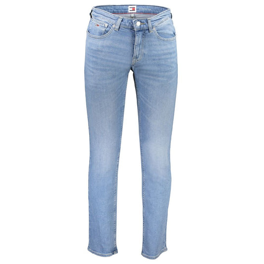 Tommy Hilfiger Light Blue Cotton Men Jeans featuring a slim fit and designer logo, ideal for stylish and comfortable everyday wear.