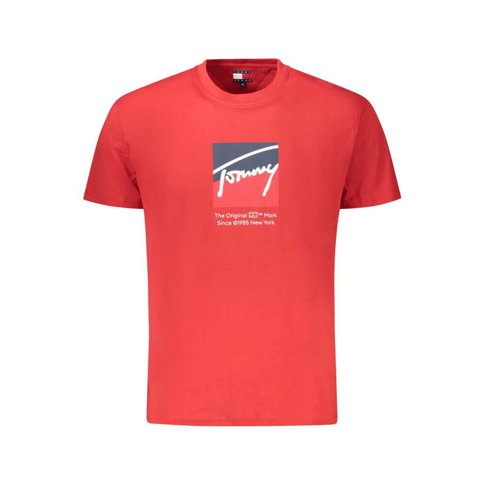 Tommy Hilfiger Red Cotton Men T-Shirt featuring embroidered logo, short sleeves, and crew neck design for stylish and eco-friendly wear.