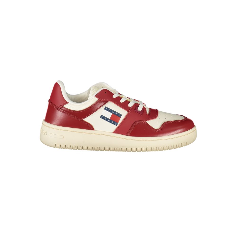 Tommy Hilfiger Red Leather Women Sneaker showcasing a bold red and white design, perfect for fashion-forward comfort.