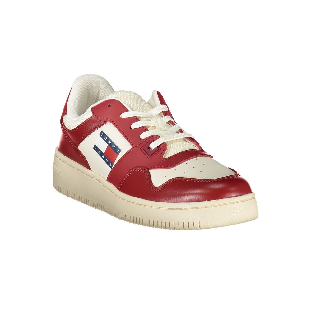 Tommy Hilfiger Red Leather Women Sneaker with contrasting accents and lace-up design for fashion-forward style and comfort.