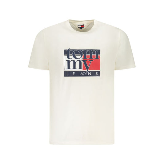 Tommy Hilfiger White Cotton Men T-Shirt with bold logo print, 95% regenerative cotton, stylish and sustainable fashion choice.