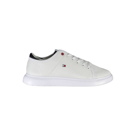 Tommy Hilfiger White Polyester Sneaker with laces, contrasting details, and logo on a white sole, made of 95% recycled polyester.