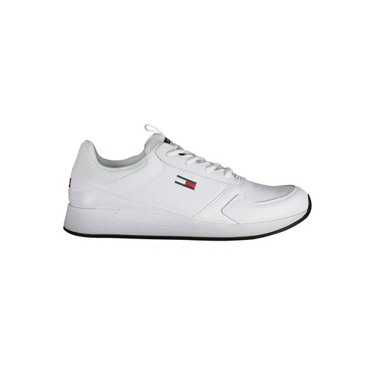 Tommy Hilfiger White Polyurethane Men Sneaker - side view showcasing design and logo.