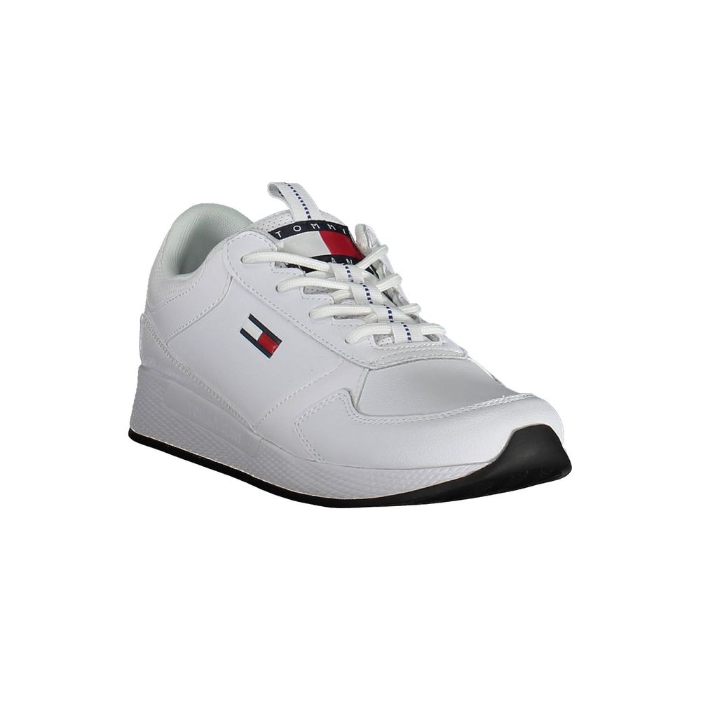 Tommy Hilfiger White Polyurethane Men Sneaker with iconic logo design, offering effortless sophistication and style-conscious appeal.