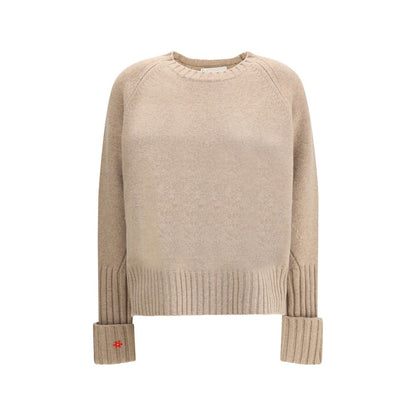 Tory Burch Beige Merino Wool Sweatshirt with floral embroidery on cuff, regular fit, 100% merino wool, perfect for layering and comfort.