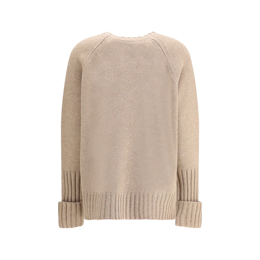 Back view of Tory Burch Beige Merino Wool Sweatshirt showcasing its ribbed cuffs and hem, a blend of elegance and comfort, perfect for AW25.