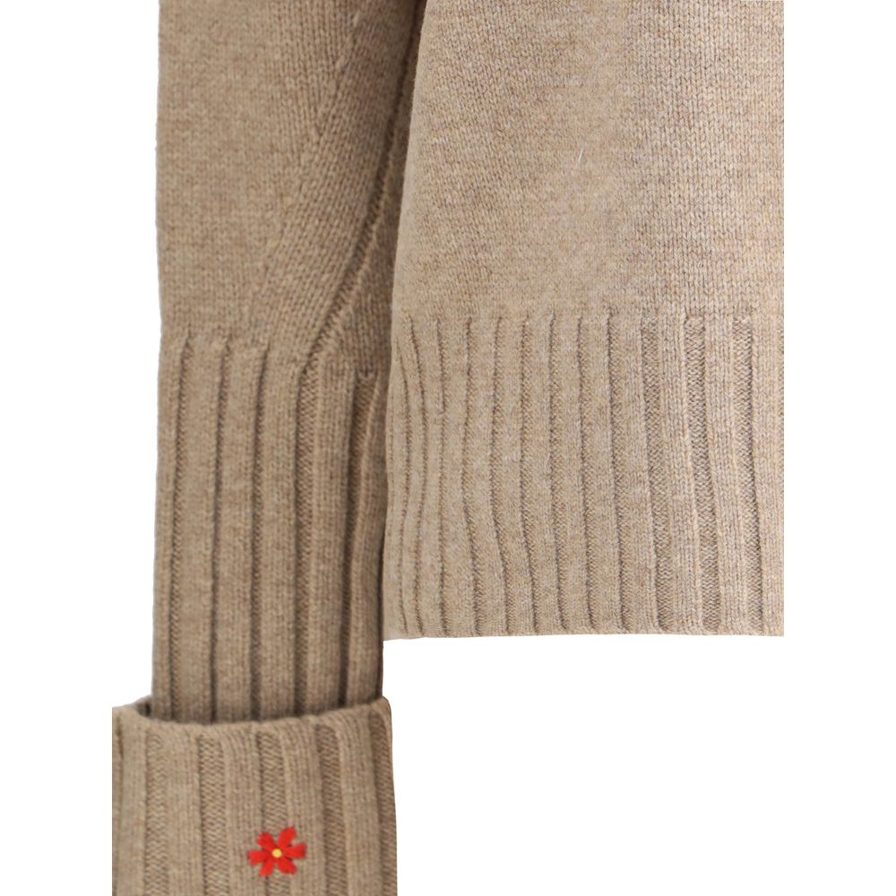Tory Burch Beige Merino Wool Sweatshirt with floral embroidery on the cuff, showcasing premium lightweight warmth and elegance.
