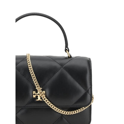 Tory Burch Black Calf Leather Bos Taurus Wallet with quilted design and gold chain strap