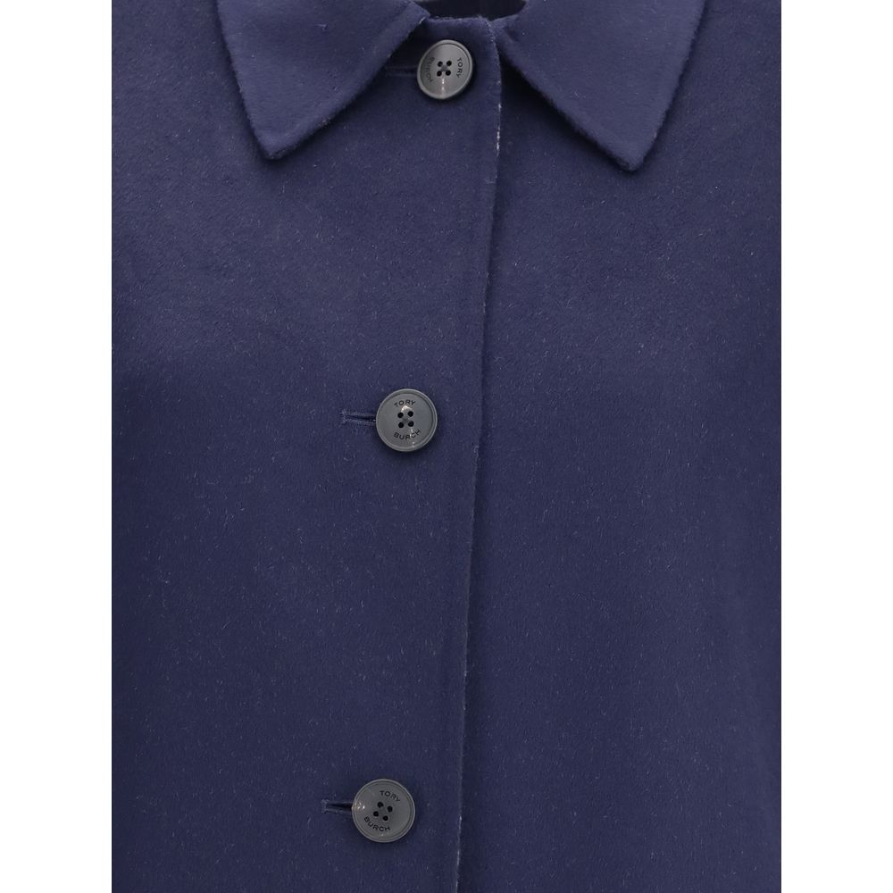 Front view of Tory Burch Blue Wool Coat with button closure, showcasing the soft wool texture and sophisticated design details.