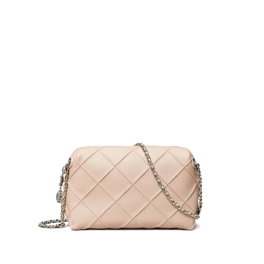 Tory Burch Fleming leather crossbody bag in light pink with diamond quilted design and adjustable chain strap, tonal stitching.