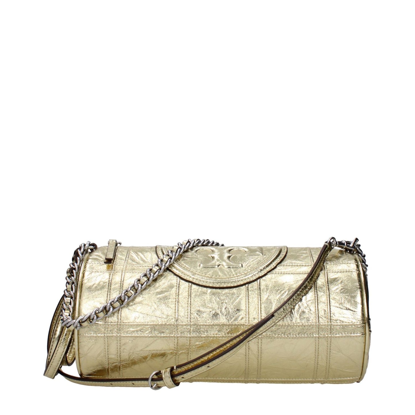 Tory Burch Gold Leather Shoulder Bag with metallic effect and front logo, featuring adjustable and removable shoulder strap.