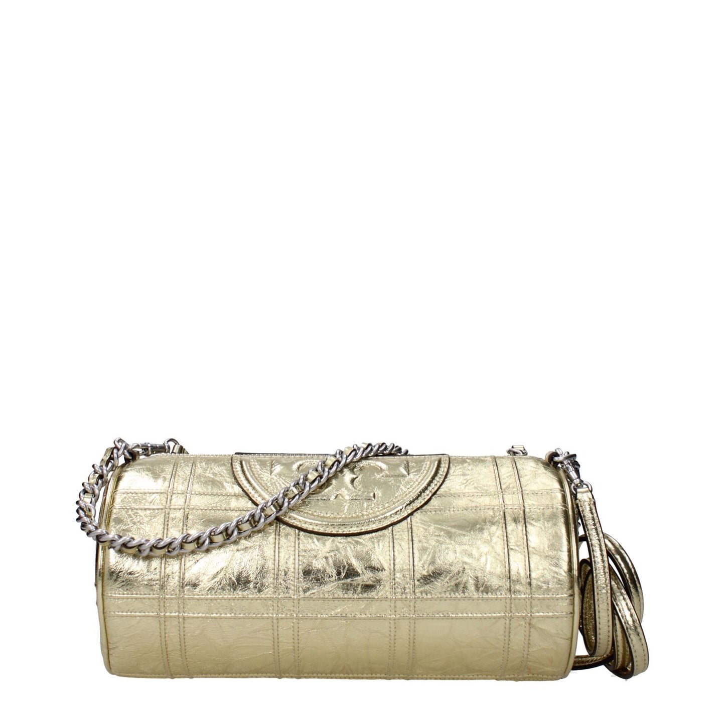 Tory Burch Gold Leather Shoulder Bag with metallic effect, front logo, adjustable and removable shoulder straps, and zip closure.