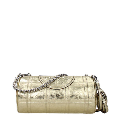 Tory Burch Gold Leather Shoulder Bag with metallic effect, front logo, adjustable and removable shoulder straps, and zip closure.