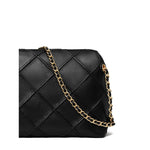 Tory Burch small Fleming leather crossbody bag with black diamond quilted pattern and gold-tone chain strap.