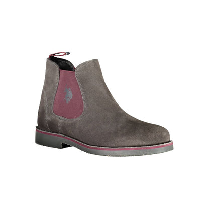 U.S. POLO ASSN. Gray Leather Mens Ankle Boot with elastic panels and logo, showcasing sleek design and premium quality.