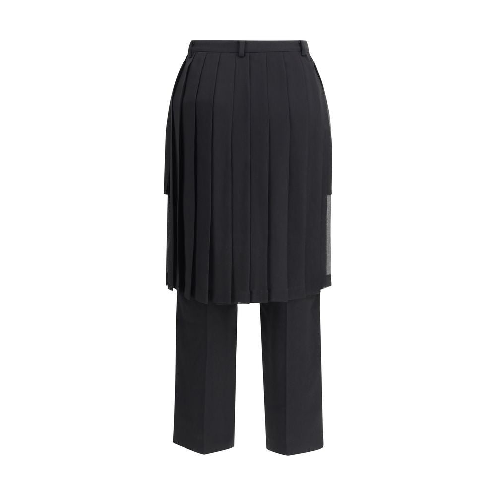 Undercover Black Acetate Casual Pants featuring organza pleated skirt overlay for sophisticated elegance, AW25 collection, regular fit.