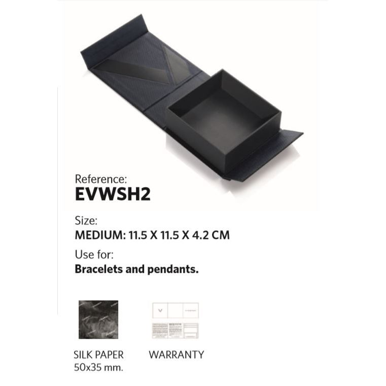 Black box for bracelets and pendants, Reference: EVWSH2, Medium size 11.5 x 11.5 x 4.2 cm with silk paper and warranty card included.
