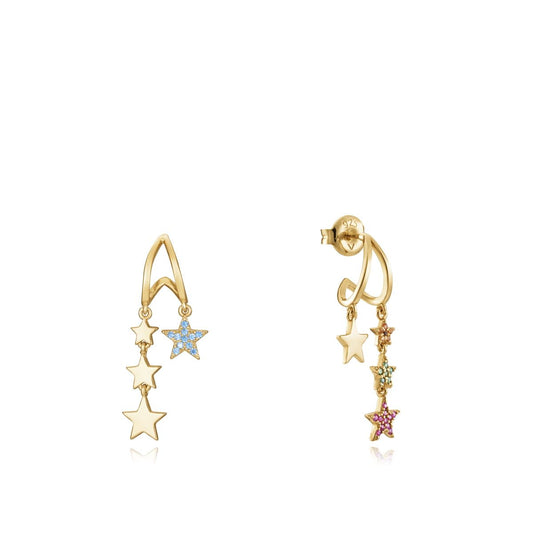 Elegant gold star earrings with colorful gemstones, showcasing a unique and stylish design, perfect for fashion-forward accessorizing.