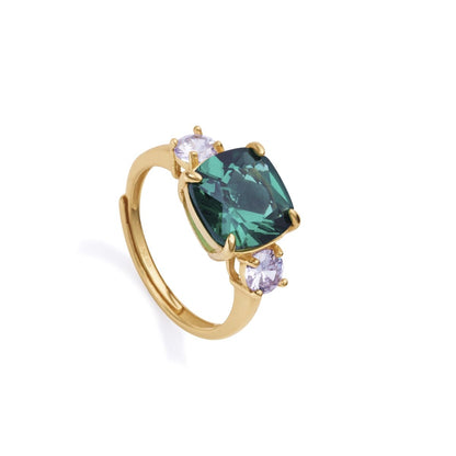 Gold ring with green and purple gemstones, elegant design