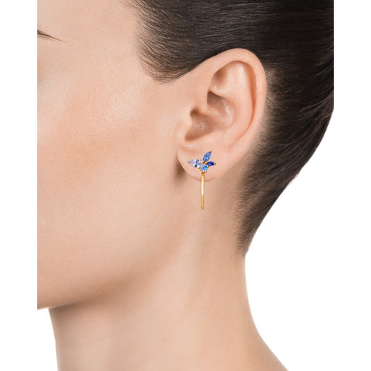 Elegant woman wearing VICEROY JEWELS Mod. 13134E100-39 earrings, silver 925°, quartz movement, 5 ATM water resistance, blue design.